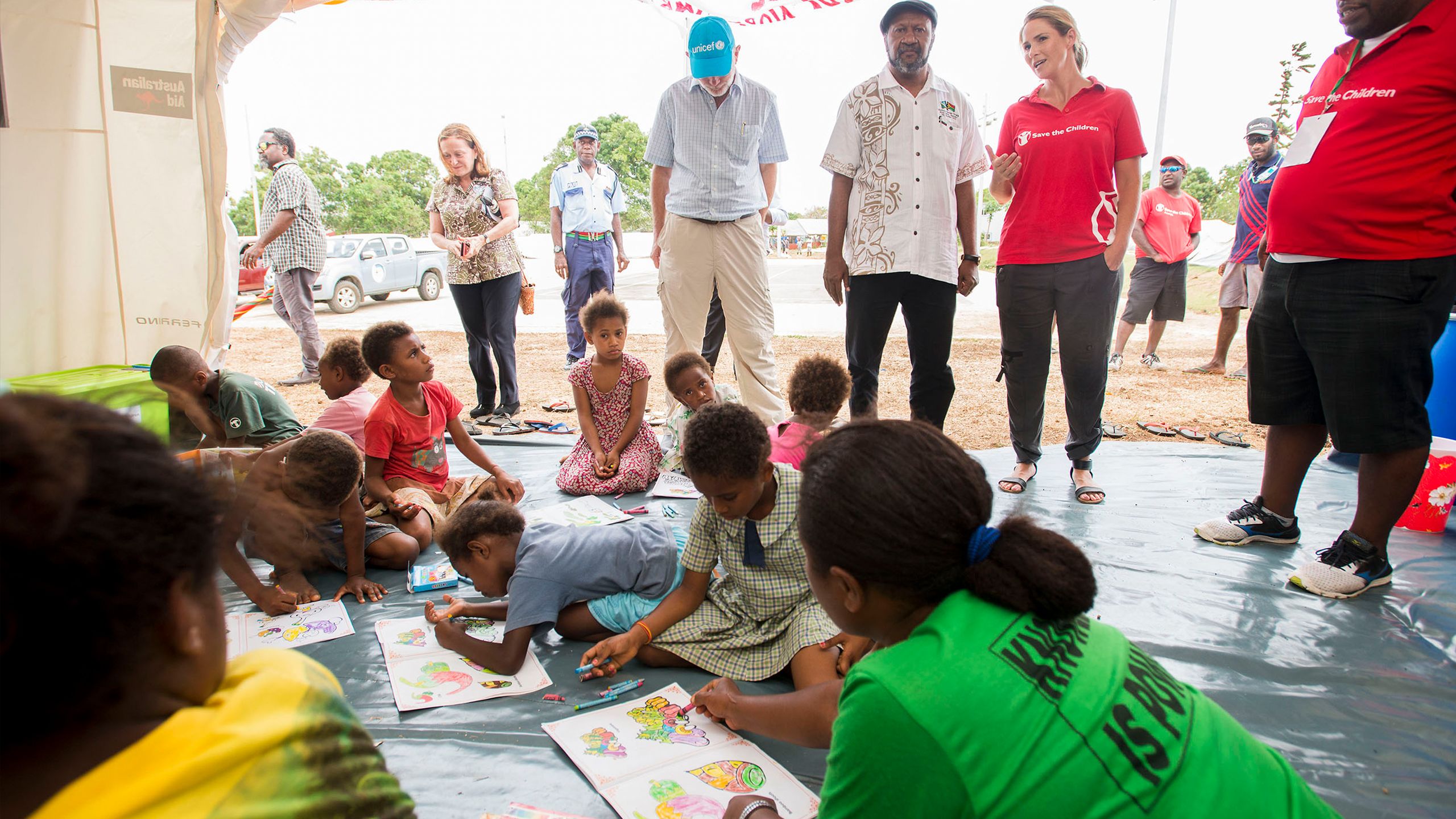 Children displaced due to volcanic activity on Ambae island practice good hygiene at a child friendly space. Image by Save the Children, alert 191 Vanuatu.